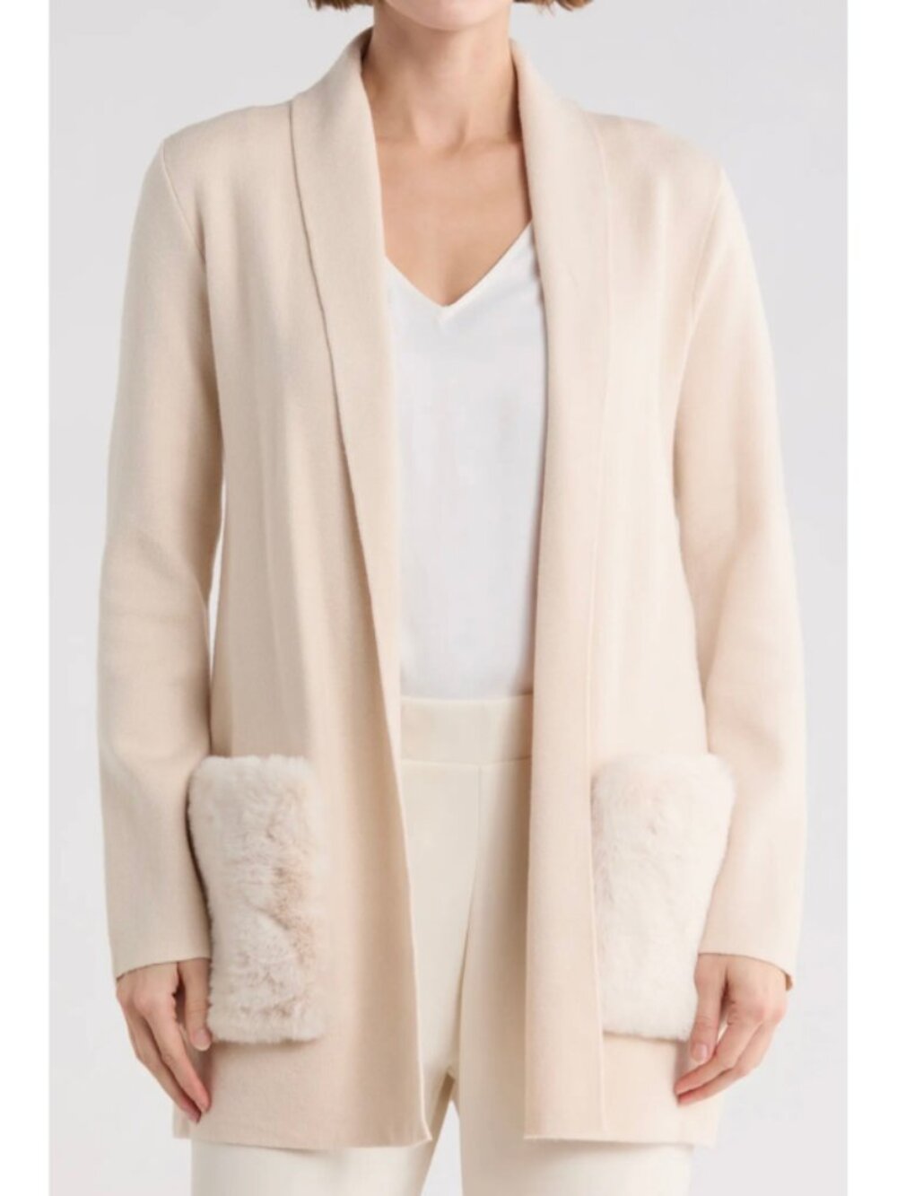 T Tahari Shawl Collar Long Sleeve Cardigan Cream White Small Faux Fur Pockets